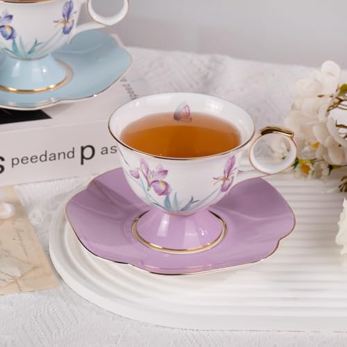 KAMMAK Ceramic Coffee Cups Saucers Set of 2, Porcelain Espresso Cups with Saucers, 8.45 oz Handcrafted Elegant Bone China Tea Cups, Iris Flower & Butterfly Pattern Teacup for Party, Office, Gift - color: Flying Summer Kite (Light Blue + Pink)