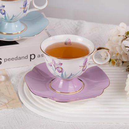 KAMMAK Ceramic Coffee Cups Saucers Set of 2, Porcelain Espresso Cups with Saucers, 8.45 oz Handcrafted Elegant Bone China Tea Cups, Iris Flower & Butterfly Pattern Teacup for Party, Office, Gift - color: Flying Summer Kite (Light Blue + Pink)