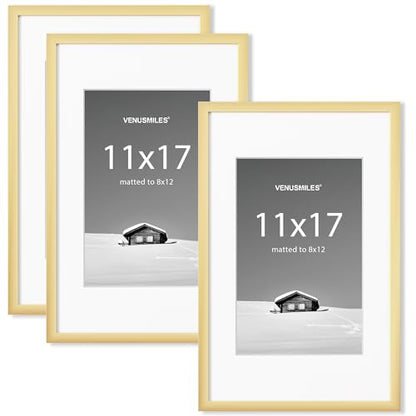 11x17 inch Picture Frame, 11x17 Photo Frames with 8x12 Removable Mat - High Definition Plexiglass - Vertical and Horizontal Display - Wall Hanging Frame - Gold, 3 Pack - color: Gold, size: 11x17, 3P