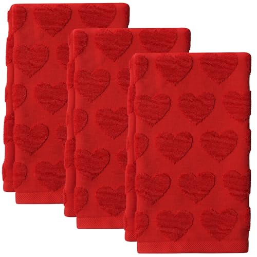3pcs Valentine's Day Hand Towels Red Hearts 100% Cotton 13.8x29.5 Inch | Love Heart Jacquard Soft Bathroom Kitchen Valentines Day Decorative Towel Set for Drying Cleaning Cooking Holiday Decor Gift - color: Red, size: 3pcs