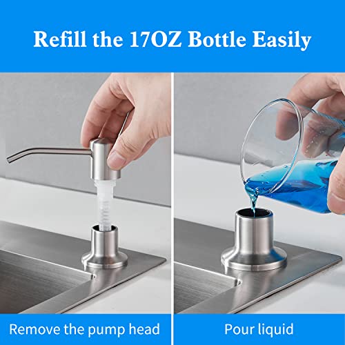 Built in Soap Dispenser for Kitchen Sink, Brushed Nickel Stainless Steel Countertop Pump Head (Plastic Built-in), Dish Soap Hand Lotion Dispenser with Refillable 17OZ Bottle - color: Brushed Nickel