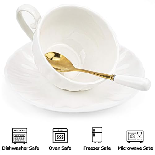 Yesland Set of 6 Royal Tea Cups and Saucers, 6 oz White Porcelain Tea Set & British Coffee Cups, White Latte Cups and Espresso Mug for Specialty Coffee Drinks, Latte, Cafe Mocha, Tea