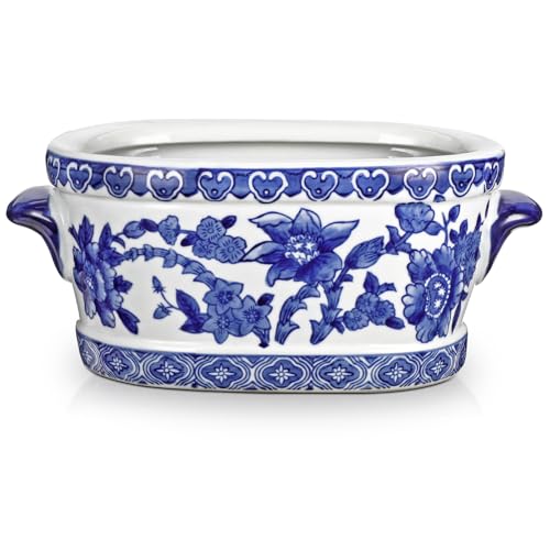 Blue and White Ceramic Planter Pot – Vintage Floral Oval Cachepot Vase for Indoor Plants, Flowers & Succulents – Glazed Chinese Porcelain Style Decorative Bowl – 7.4" Size – No Drainage - size: 7.4"