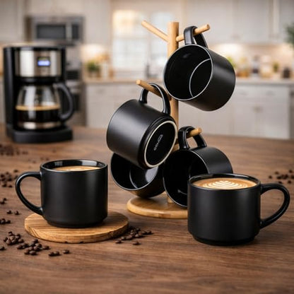 GBhome 14 OZ Coffee Mugs Set of 6, Stackable Matte Black Coffee Cups Set | Modern Ceramic Coffee Mugs for Men,Women, Cappuccino/Espresso. Dishwasher&Microwave Safe - color: Matte Black