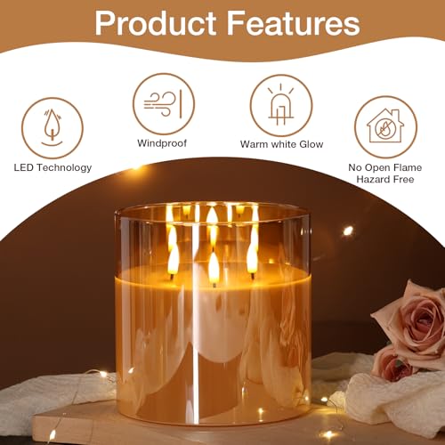 Large 3 Wick Gold Glass Flameless Pillar Candle with Remote | 6x6 inch LED Candle Flickering, Triple Wick, 2 AA Battery Powered, Accent Home Decor Gift - color: Amber Gold