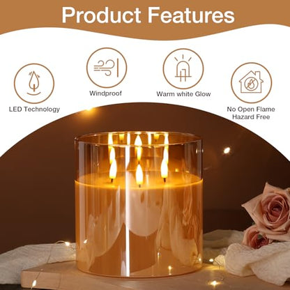 Large 3 Wick Gold Glass Flameless Pillar Candle with Remote | 6x6 inch LED Candle Flickering, Triple Wick, 2 AA Battery Powered, Accent Home Decor Gift - color: Amber Gold