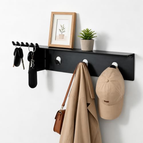 Wall Mounted Coat and Key Rack, Durable Entryway Hanger for Hats & Bags | Entryway Shelf with Hooks, Wall Organizer for Keys, Coats, Bags, Multi-Use Storage & Décor Shelf for Hallway, Bedroom, Office