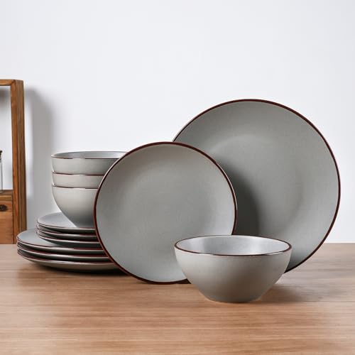 Famiware Venus Plates and Bowls Sets, 12pcs Stoneware Dinnerware Set for 4 | Ceramic Chip-Resistant Dishes, Speckled & Rimmed Design, Microwave & Dishwasher Safe, Modern Minimalist, Matte Dark Gray - color: Dark Gray, size: Serves 4 (12pc)