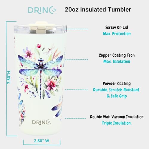 Drinco - 20 oz Stainless Steel Tumbler | Double Walled Vacuum Insulated Mug With Lid, 2 Straws, For Hot & Cold Drinks (20oz Dragonfly) - color: 20oz Dragonfly
