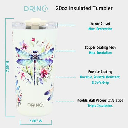 Drinco - 20 oz Stainless Steel Tumbler | Double Walled Vacuum Insulated Mug With Lid, 2 Straws, For Hot & Cold Drinks (20oz Dragonfly) - color: 20oz Dragonfly