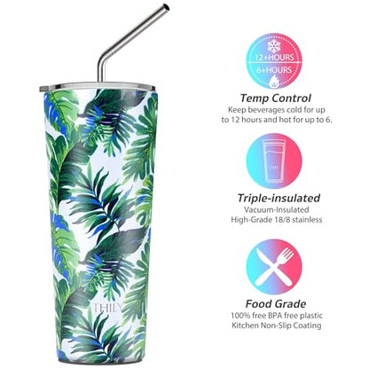 THILY Tumbler Stainless Steel Coffee Cup 26 oz Triple-Insulated Travel Mug with Splash-Proof Lid, for Ice Drinks and Hot Beverage Smoothies Cup, Green Plants - color: Green Plants, size: 26 Ounce (Pack of 1)