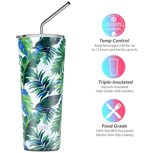 THILY Tumbler Stainless Steel Coffee Cup 26 oz Triple-Insulated Travel Mug with Splash-Proof Lid, for Ice Drinks and Hot Beverage Smoothies Cup, Green Plants - color: Green Plants, size: 26 Ounce (Pack of 1)