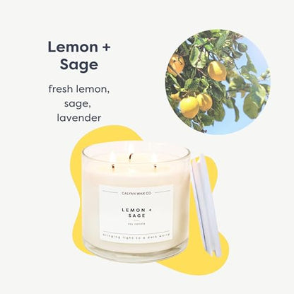 Lemon & Sage 3 Wick Scented Candle - 43 Hour Burn | Made in the USA Luxury Clean Soy Wax Candles - Long Lasting Large Glass Jar Candle for Home - 3 Wicks - 14.9oz - color: Lemon + Sage