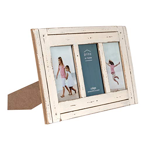 Prinz Homestead Antique White 3-Opening Collage Picture Frame 4x6 Photos - Distressed Wood Two-Way Easel Wall Tabletop Display - color: Antique White
