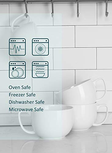 Teocera Soup Mugs with Handles, White Coffee Mugs Set of 4, Large Soup Cups - Striped Design - 24 Ounce Porcelain Jumbo Mugs Bowls for Coffee, Oatmeal, Hot Cocoa, Cereal - color: White