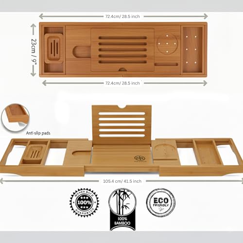 Bamboo Bathtub Caddy Tray Expandable & Foldable Bath Shelf with Book, Tablet & Wine Holder Adjustable Wooden Bath Tray for Relaxing Spa at Home – Fits Most Tub Sizes. - color: Bamboo