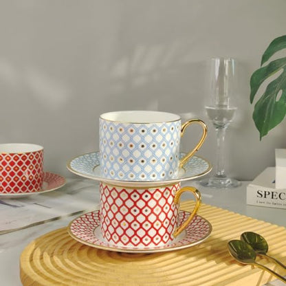 Coffee Cup and Saucer Set – Elegant Royal Blue Star Bone China Gold-Trimmed Tea Cup, Luxurious Metallic Accent Ceramic Cup (Red,2 Cups + 2 Saucers,Art Deco) - color: Red