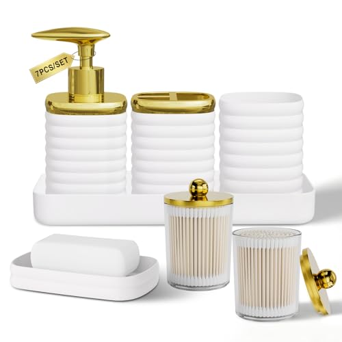 Bathroom Accessory Set - Gorgeous Bathroom Set, 7PC White Bathroom Accessories Set, Soap Dispenser, Toothbrush Holder, Qtip Holder Set, Bathroom Accessories Sets Complete for Home - color: White&gold