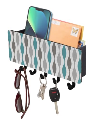 Key Holder for Wall Mid Century Abstract Art Key and Mail Holder with Shelf 5 Hooks Storage Key Organizer Rack Symmetrical Geometric Turquoise Grey Wood Wall Key Hanger for Entryway Hallway Home Decor - color: Turquoise, size: Black