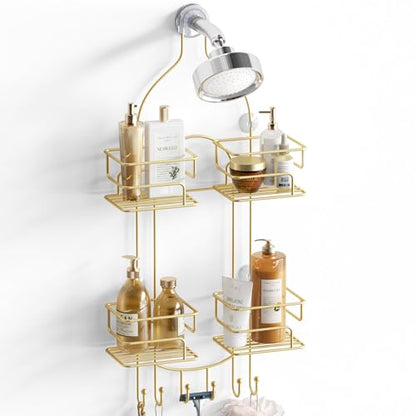 SRIWATANA Shower Caddy Hanging, Shower Organizer with Razor Hooks, Gold | Rustproof Shower Rack, No Drilling Shelves Over Shower Head, Anti-Swing Scution Install, Bathroom Holder for Sponge Loofah - color: Gold