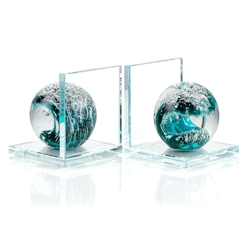 Glass Book Ends for Shelves, Dark Blue Hand Blown Sea Wave Ball, Set of 2 - color: Dark Blue