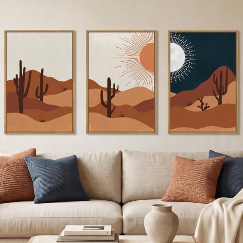 LHIUEM Boho Cactus Desert Abstract Sun Moon Framed Canvas Wall Art | Vintage Landscape Painting,Mid Century Southwestern Artwork for Living Room,Bedroom,Dining Room -16"x24"x3 - color: Boho Desert Wall Art, size: 16''x24''x3