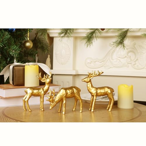 Lulu Home 3 PCS Christmas Tabletop Decorations, Resin Reindeer Peer | Golden Reindeer Figurines, Diverse Postures, Xmas Holiday Winter Centerpieces Ornaments for Mantel Shelf Sill Decor - style: 3 Peers