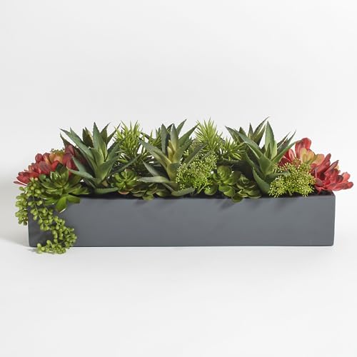 CG Hunter Oblong Faux Succulent Arrangement, Premium Artificial Indoor Plant Enhances Interior Design, Display on any Surface in Your Home Adding an Inviting Touch of Nature, Grey Planter Pot Included - size: 27" Oblong Grey
