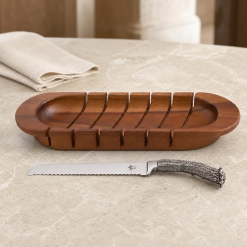 Oval Bread Board with Pewter Antler Knife - Rustic Lodge Style Cutting Board for Serving Bakery Loaves - 14.25" L x 5.25" W