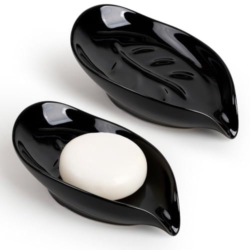 Soap Dish, Self Draining Soap Dishes 2PCS, Leaf Shape Ceramic Bar Soap Holder Drain Soap Dishes for Bathroom Sink Kitchen, Easy to Clean Keeps Soap Dry, Black, ANTIS'S HOME - color: Black-2pcs-enhanced Draining
