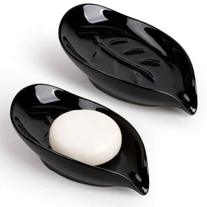 Soap Dish, Self Draining Soap Dishes 2PCS, Leaf Shape Ceramic Bar Soap Holder Drain Soap Dishes for Bathroom Sink Kitchen, Easy to Clean Keeps Soap Dry, Black, ANTIS'S HOME - color: Black-2pcs-enhanced Draining