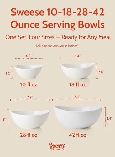 Sweese Porcelain Serving Bowls Set, 10-42 oz, Versatile for Salad, Soup, Snacks, Microwave Dishwasher Safe, White - color: White