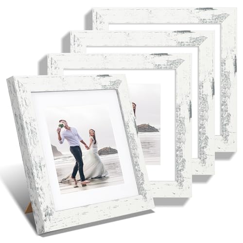 iRahmen 8x8 Picture Frames Set of 4 with Real Glass, Distressed White Frame Display 6x6 Pictures with Mat or 8 x 8 Without Mat, Wood Square Photo Frame for Wall Mount and Tabletop Display - color: Distressed White, size: 8X8