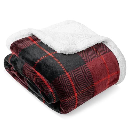 PAVILIA Twin Plaid Sherpa Throw Blanket for Couch Sofa Bed, Black Red 60x80 | GSM 460; Soft Plush Flannel Fleece; Warm&Cozy for Home; Machine Washable, Perfect Cabin Decor Winter Holiday Christmas Gift - color: Plaid Red, size: 60 x 80 Inches