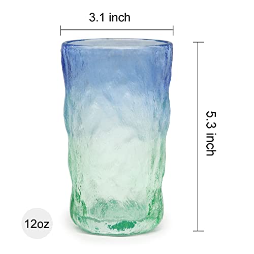 TOSSOW Drinking Glasses Set of 2,Mixed Drink Glassware Sets Glacier Pattern Colorful Glass Water Cups for Wine, Beer, Juice, Mojito and Cocktail(12 oz) - color: Blue Green