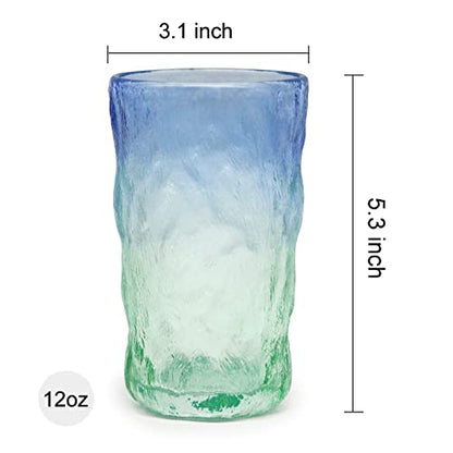 TOSSOW Drinking Glasses Set of 2,Mixed Drink Glassware Sets Glacier Pattern Colorful Glass Water Cups for Wine, Beer, Juice, Mojito and Cocktail(12 oz) - color: Blue Green