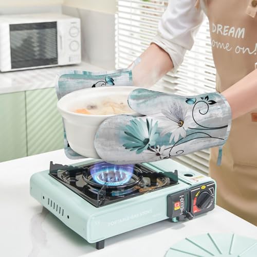 Teal Daisy Oven Mitts Pot Holders Set Silicone Heat Resistant Farm Teal Daisy Floral Flowers and Butterfly Oven Mitts and Hot Pads Potholders Non-Slip Oven Gloves for BBQ - color: Teal