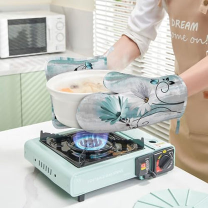 Teal Daisy Oven Mitts Pot Holders Set Silicone Heat Resistant Farm Teal Daisy Floral Flowers and Butterfly Oven Mitts and Hot Pads Potholders Non-Slip Oven Gloves for BBQ - color: Teal