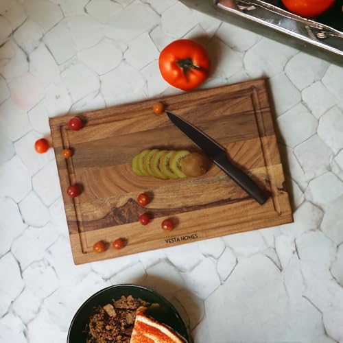 Vesta Homes Wooden Edge Grain Cutting Board/Chopping, Serving Board/Block for Vegetables, Fruits, Cheese and Charcuterie | Natural Acacia Wood | 15 * 10 * 1 Inches | Handcrafted in India - size: 15"L x 10"W