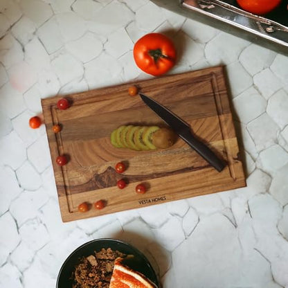 Vesta Homes Wooden Edge Grain Cutting Board/Chopping, Serving Board/Block for Vegetables, Fruits, Cheese and Charcuterie | Natural Acacia Wood | 15 * 10 * 1 Inches | Handcrafted in India - size: 15"L x 10"W