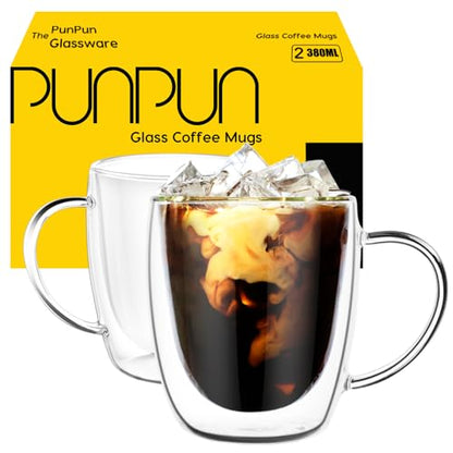 PunPun Coffee Cups Clear12.9OZ. 380ml Coffee Mugs, Espresso Cups,Double Wall Milk Cup with Big Handle,Perfect Mug for Hot Beverages, Latte, Cappuccinos Set of 2 - color: 380ml / set of 2