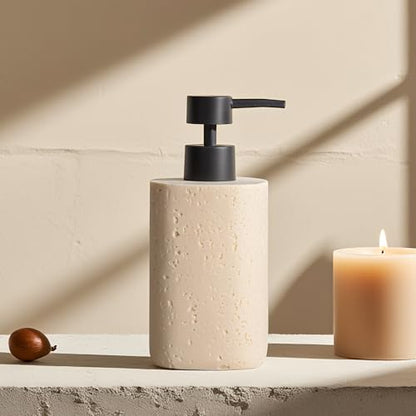 Clasin Home 2 Pack Beige Resin Soap Dispensers, Refillable Liquid Lotion Dispenser Bottles with Travertine-Look for Bathroom and Kitchen Countertop, Modern Stone Texture (10.8 oz) - color: Beige