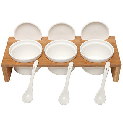 MyGift 10 Pcs Sauce Serving Dish, Hosting Party Essentials Host Gift, 3 Ceramic Ramekin Chip Dip Bowls with Lids & Spoons, Premium Bamboo Server Tray, Condiment Pot Entertaining - color: Bamboo