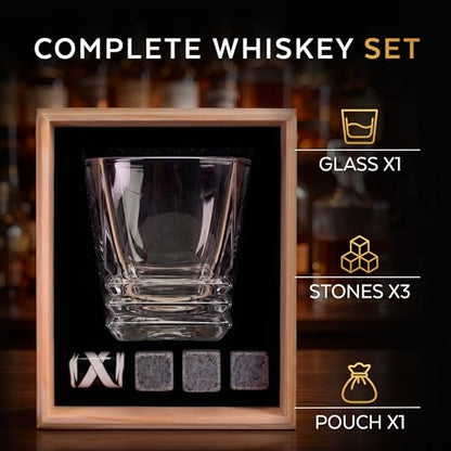 XRUSTAL Whiskey Glass Gift Set for Men, 10.5 oz Old Fashioned Crystal Glass with 3 Stone Whiskey Chilling Rocks, Bag and Wooden Gift-Ready Box, Bourbon Scotch Gift for Dad Husband Boyfriend (Wave)
