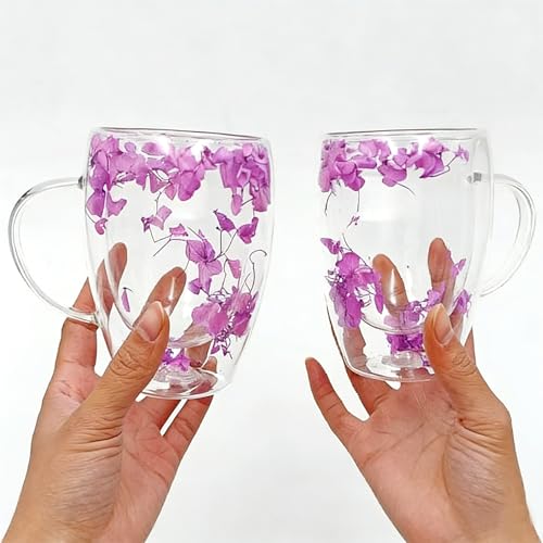 Viovian 13oz Double Wall Glass Coffee Mugs Set of 2 Insulated Glass Coffee Cups with Handles,Clear Dried Flower Tea Mug for Hot Beverages,Tea Cup Women Birthday Gifts - color: 13oz double wall glass mugs set of 2（Purple Hydrangea）