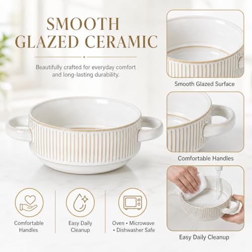 French Onion Soup Bowls with Handles, 26 oz Oven Safe Ceramic Soup Crocks Set of 4, Large Soup Bowls for Chili, Beef Stew, Gumbo, Microwave & Dishwasher Safe