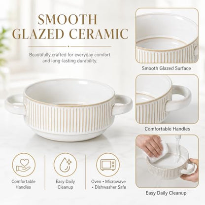 French Onion Soup Bowls with Handles, 26 oz Oven Safe Ceramic Soup Crocks Set of 4, Large Soup Bowls for Chili, Beef Stew, Gumbo, Microwave & Dishwasher Safe