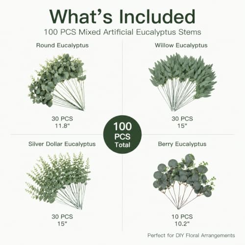 100 Pcs Mixed Artificial Eucalyptus Stems Leaves Bulk, 4 Kinds Faux Greenery Silver Dollar Dried Plant Leaves for Wedding Decor Centerpieces Vase Bouquet Floral Arrangements