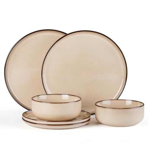 E-far 6-Piece Plates and Bowls Set, Stoneware Dinnerware Sets for 2, Reactive Glaze Ceramic Dinning Ware Dishes, Microwave & Dishwasher Safe - Sandy Beige - color: Sandy Beige, size: Service for 2