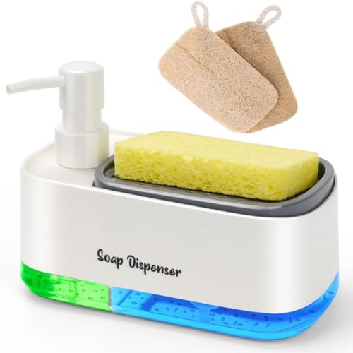 5-in-1 Kitchen Soap Dispenser Set with Sponge Holder - Dual Hand & Dish Soap Pump Dispenser for Sink Countertop with 2-Packs Natural Loofah Dish Sponge Dishwashing Scrubber,White - color: White(n5-in-1)